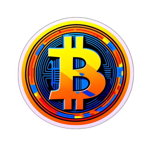 비트코인 로고와 화려한 그래픽 배경이 결합된 스티커 디자인