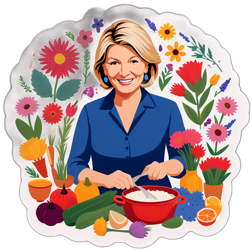 A Charming Portrayal of Martha Stewart Surrounded by Flowers and Kitchen Ingredients