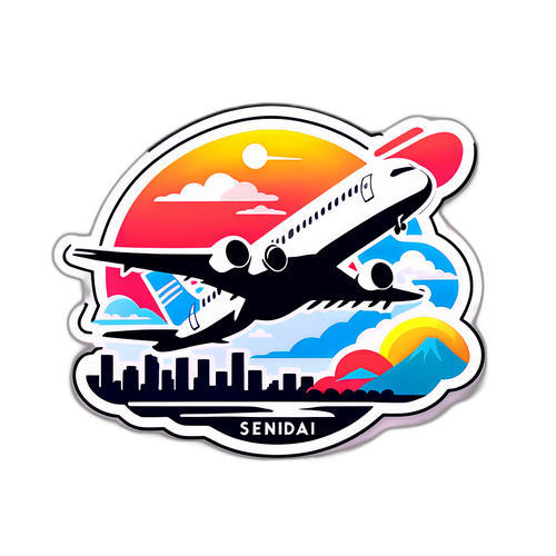 仙台空港の離陸の瞬間を描いた動的なデザインのステッカー