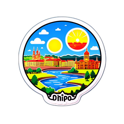 Яскравий наліпка з силуетом Дніпра та навколишніми пейзажами
