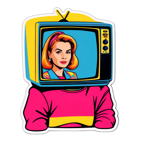 Kreatywny sticker przedstawiający Agatę Młynarską w telewizyjnym świecie lat 90.