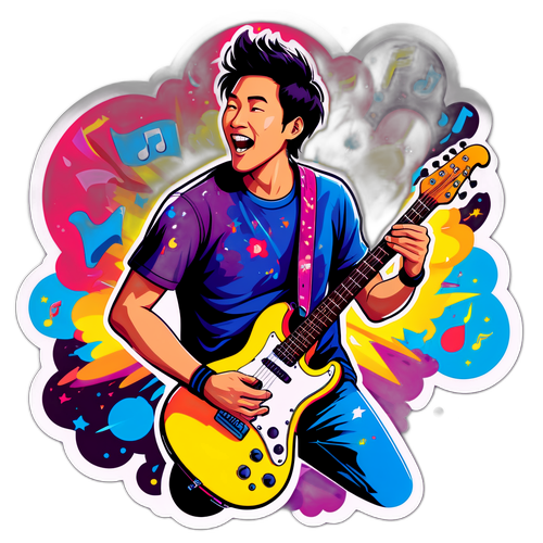 A Lively Sticker of Bryan Woo with Musical Elements