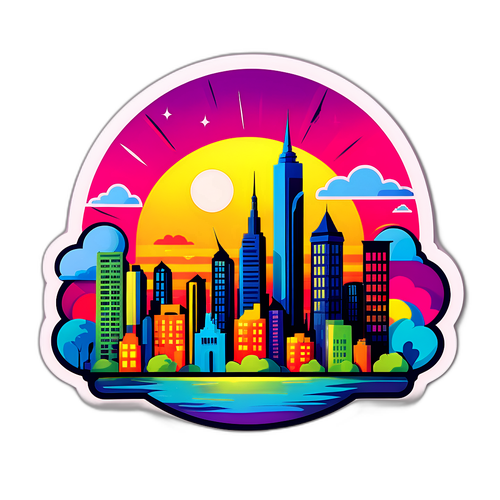 Makulay na Sticker ng Wimsikal na Skyline ng Lungsod sa Ilalim ng Sikat ng Araw