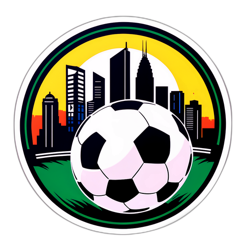 Sticker de balón de fútbol en el estadio de São Paulo con silueta del horizonte de la ciudad