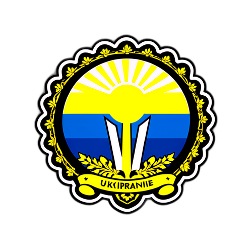 Наклейка с флагом Украины на фоне яркого солнца с надписью 'Мир и Свобода'