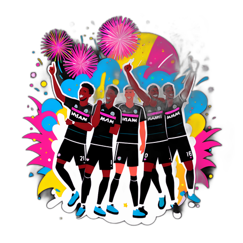 Thiết kế tinh tế minh họa các cầu thủ Inter Miami trong tư thế ăn mừng, xung quanh là pháo bông và giấy confetti