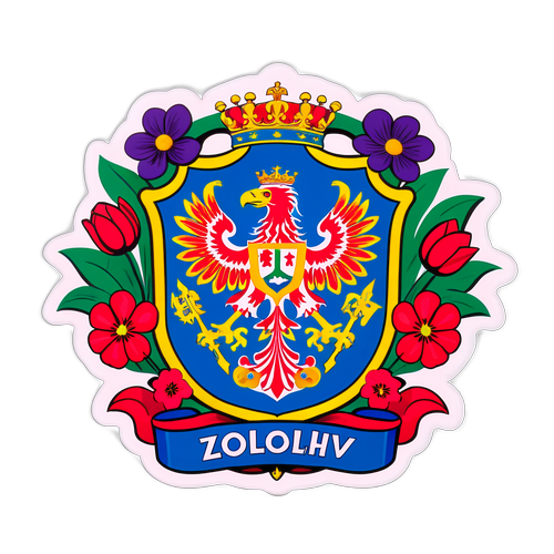 Наклейка з гербом Золочева на фоні квітучої природи