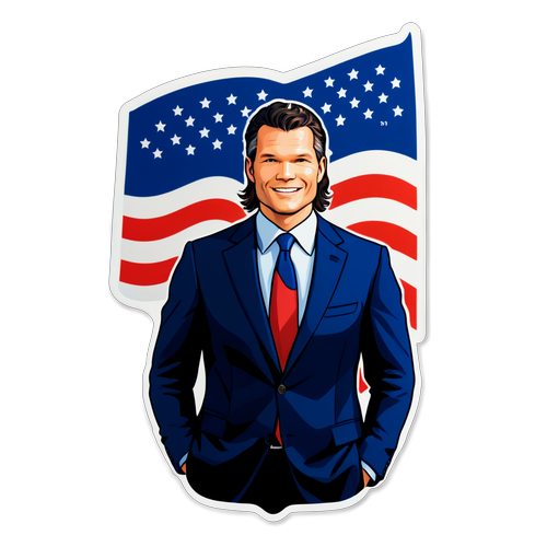 Sticker cu imaginea lui Pete Hegseth, fundal patriotic și textul "Libertate."