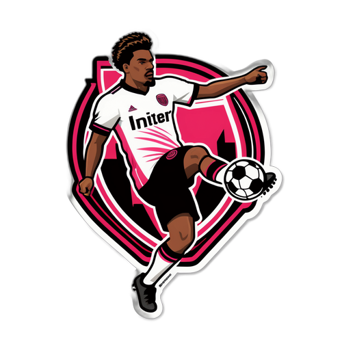 A sticker featuring a stylized football player kicking a ball with Inter Miami logo