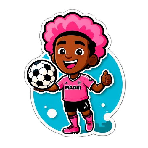 Speelse cartoon-sticker van Inter Miami speler die doelpunt maakt