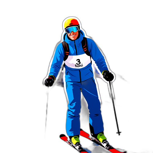 En klassisk klistermärke av Gustav Thöni på skidbackarna en solig dag