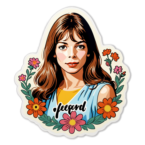 A sticker représentant Jane Birkin dans un style vintage, entourée de fleurs