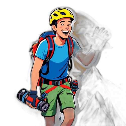 山顶欢笑的年轻攀岩服务者