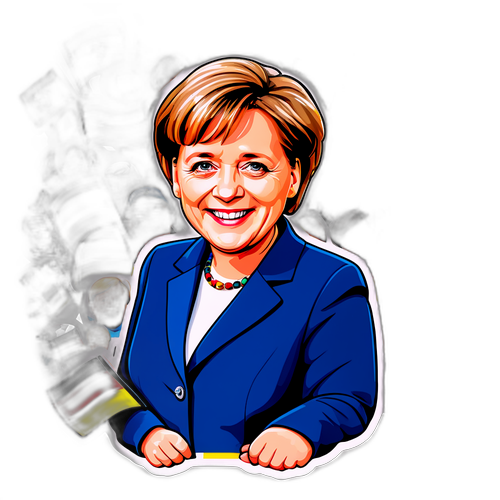 Sticker cu Angela Merkel, caricaturizată zâmbitoare, înconjurată de steaguri germane