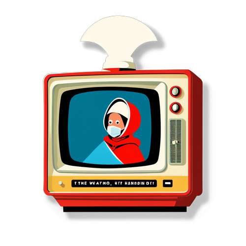 En humoristisk avbildning av en retro TV-apparat med karaktärer från 'The Handmaid's Tale'