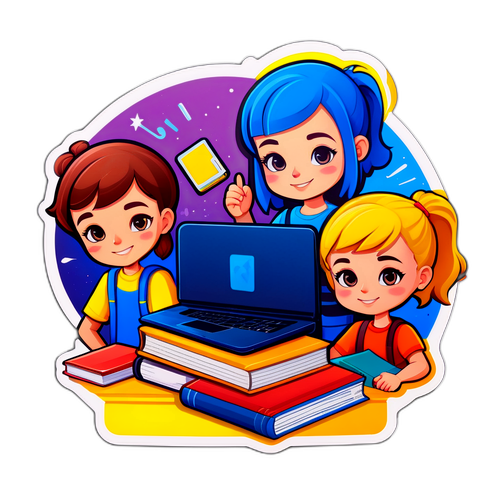 Креативна наклейка, що зображує студентів Харкова з книгами та комп'ютерами, символізуючи освіту