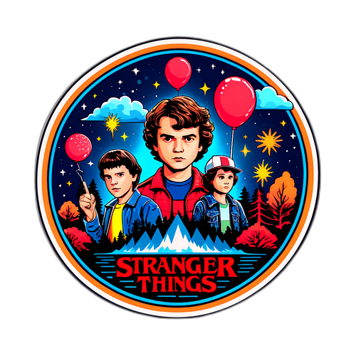Дизайн наклейки з елементами поп-культури з "Дивних речей" у ретро стилі