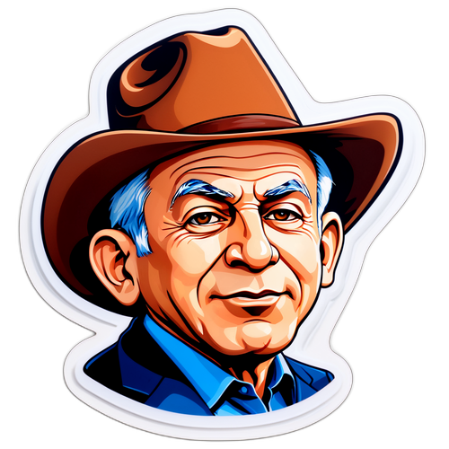 Decal cu un caricatural al lui Netanyahu purtând o pălărie de cowboy