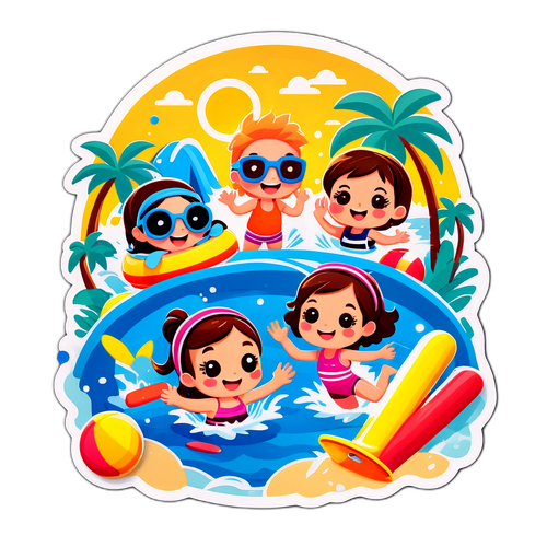 여름 테마 스티커: 즐거운 수영장 속 귀여운 캐릭터들
