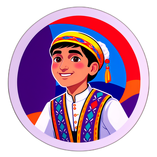 Een sticker van een jonge persoon die Armeense tradities viert, met 'Erfgoed en Trots'