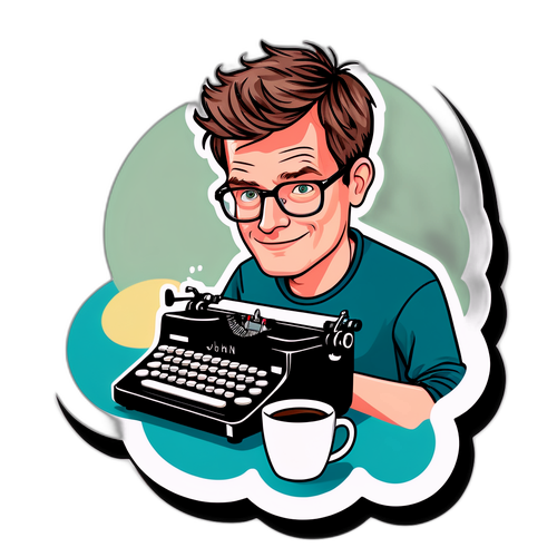 Whimsisk karikatur af forfatter med skrivemaskine