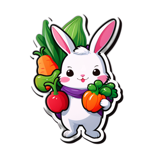 かわいいウサギキャラクターが野菜とフルーツを持っているデザイン