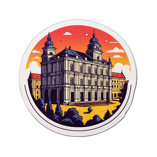 Nálepka s romantickým obrázkem historické budovy z Olomouce na pozadí fotbalového zápasu