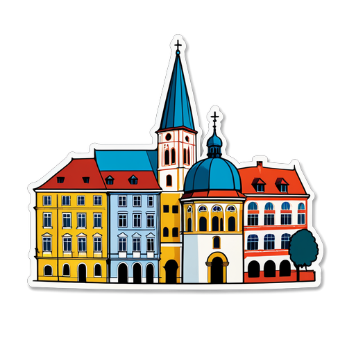 Pécs város jellegzetes épületei színes, kézzel rajzolt stílusban