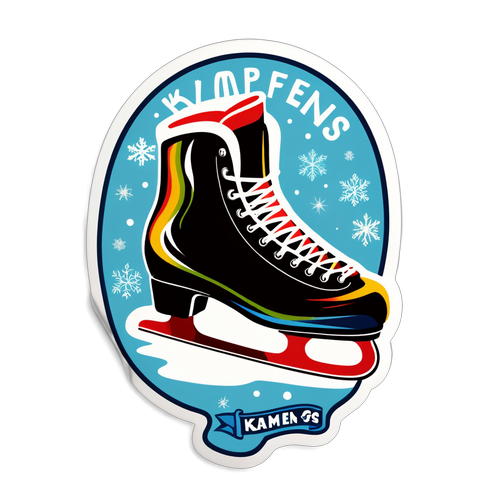 Sticker ontwerp van Jutta Leerdam met schaatsen, met de tekst 'Kampen op het IJs'