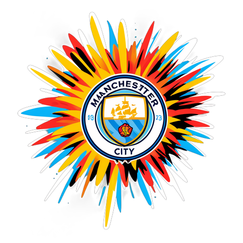 Un ballon stylisé avec le logo de Manchester City entouré de feux d'artifice