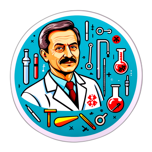 Béla Merkely portréja orvosi műszerekkel és tudományos szimbólumokkal