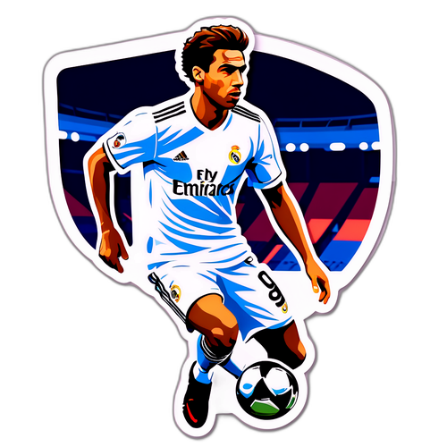 Stylizovaný vývoj nálepky oblíbeného hráče Real Madrid na pozadí stadionu