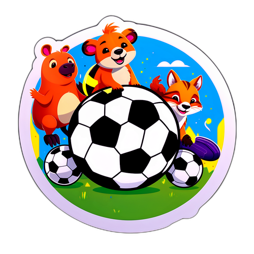 Διασκεδαστικός χαρακτήρας σχεδιασμένος ως μπάλα ποδοσφαίρου με ζώα να παίζουν ποδόσφαιρο