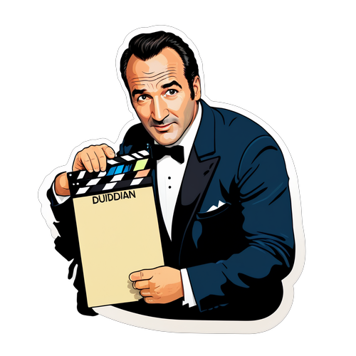 Autocollant de Jean Dujardin avec une image emblématique et un clap de cinéma