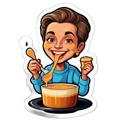 Kleurrijke sticker van Lidewij de Vos die crème brûlée proeft