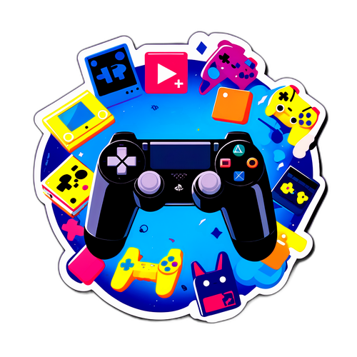 Autocollant de la console PlayStation avec des manettes et des personnages de jeu emblématiques