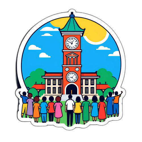 同志社大学のシンボル時計塔を囲む学生たち