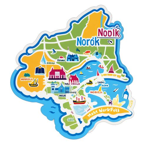 Kartta Norfolkin pääkohteista hauskassa tyylissä