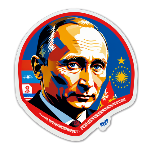 Készíts Vladimir Putyin arcképével ellátott sticker-t, politikai szimbólumokkal és provokatív üzenetekkel