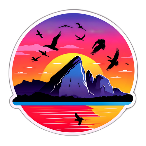 Scenisk fremstilling av Gibraltars berømte stein med solnedgang og silhuett av fugler