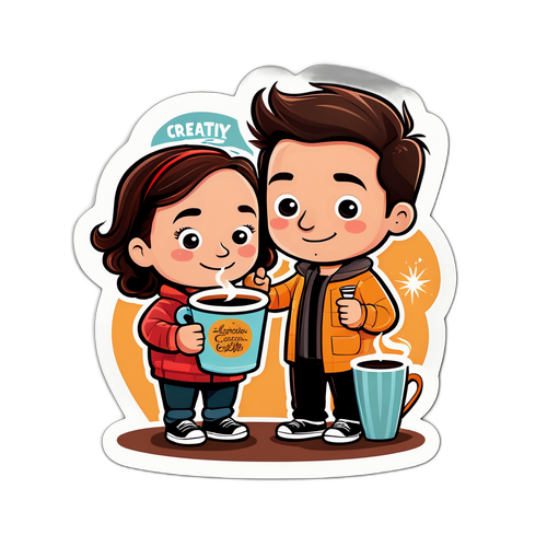 Et sjarmerende cartoon av Kevin og Lauren med kaffekopper