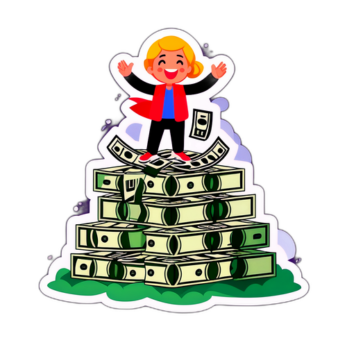 お金の山の上で喜ぶキャラクター
