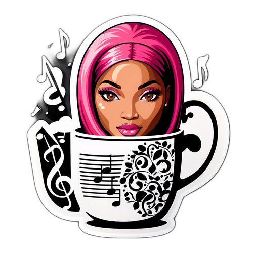 Креативный портрет Ники Минаж на чайной чашке с музыкальными нотами