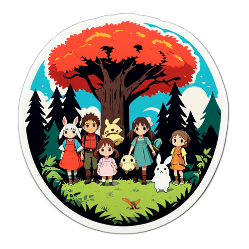 ジブリパークのキャラクターたちが森で遊ぶデザイン