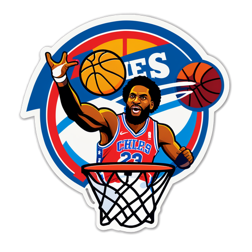 Basketball Scene na may mga Logo ng 76ers at Cavaliers