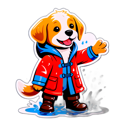 Chú chó dễ thương trong áo mưa và ủng nhảy qua vũng nước