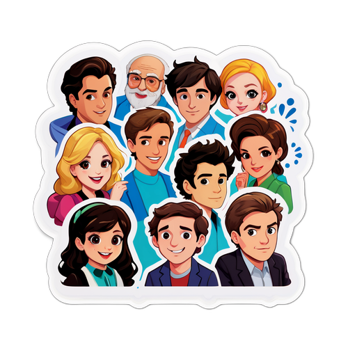 Наклейка с смешанными персонажами из популярных сериалов, разделенными на «классы» комедий и драм