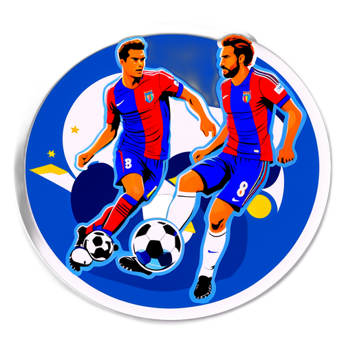 Sticker med tematisk illustration av en hyperrealistisk fotbollsmatch mellan Levante och Real
