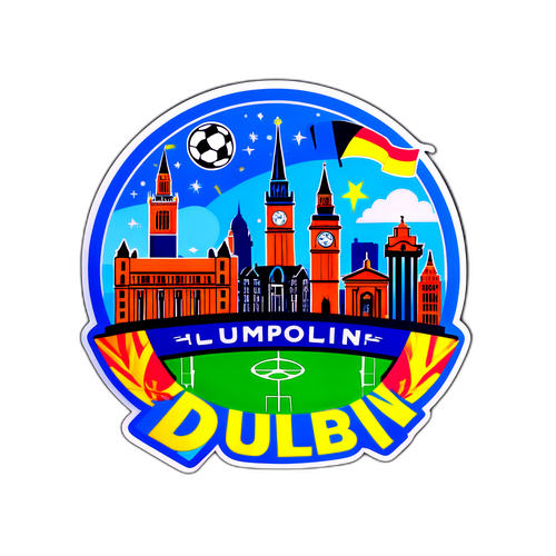 Wibrująca naklejka z panoramą Dublina z elementami piłkarskimi