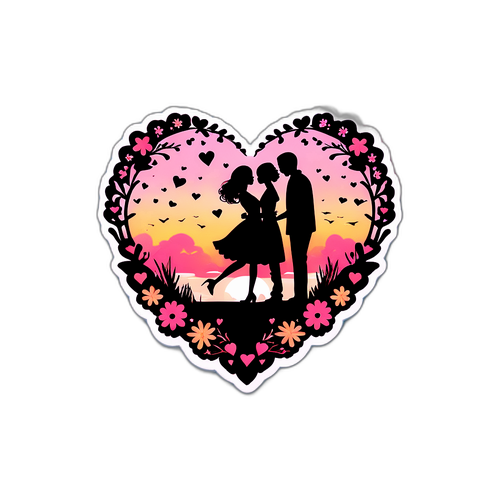 प्रेमी जोड़े की सिल्हूट सूर्यास्त की पृष्ठभूमि में